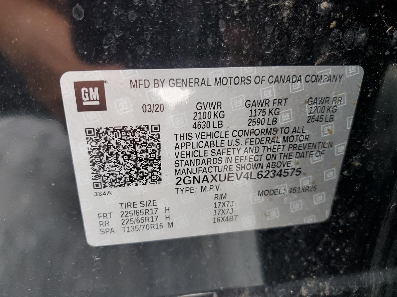 2020 Chevrolet Equinox Lt VIN: 2GNAXUEV4L6234575 Lot: 82130195