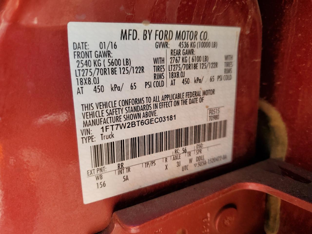 2016 Ford F250 Super Duty VIN: 1FT7W2BT6GEC03181 Lot: 84558175