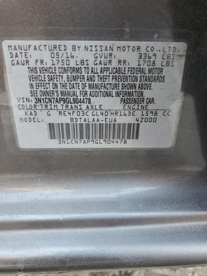 2016 Nissan Versa S VIN: 3N1CN7AP9GL904478 Lot: 71403315