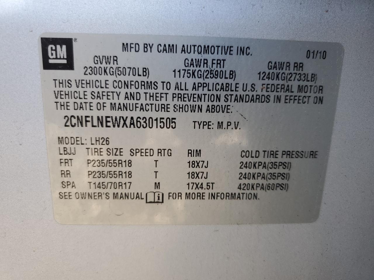 2010 Chevrolet Equinox Lt VIN: 2CNFLNEWXA6301505 Lot: 81575615