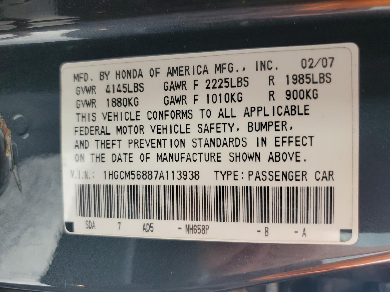 2007 Honda Accord Ex VIN: 1HGCM56887A113938 Lot: 81730405