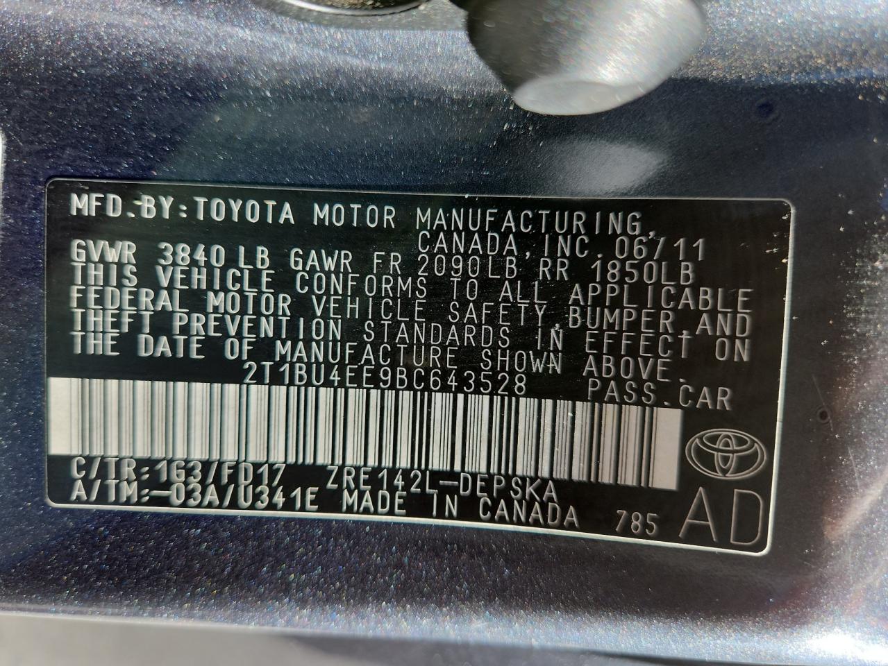 2011 Toyota Corolla Base VIN: 2T1BU4EE9BC643528 Lot: 80752315