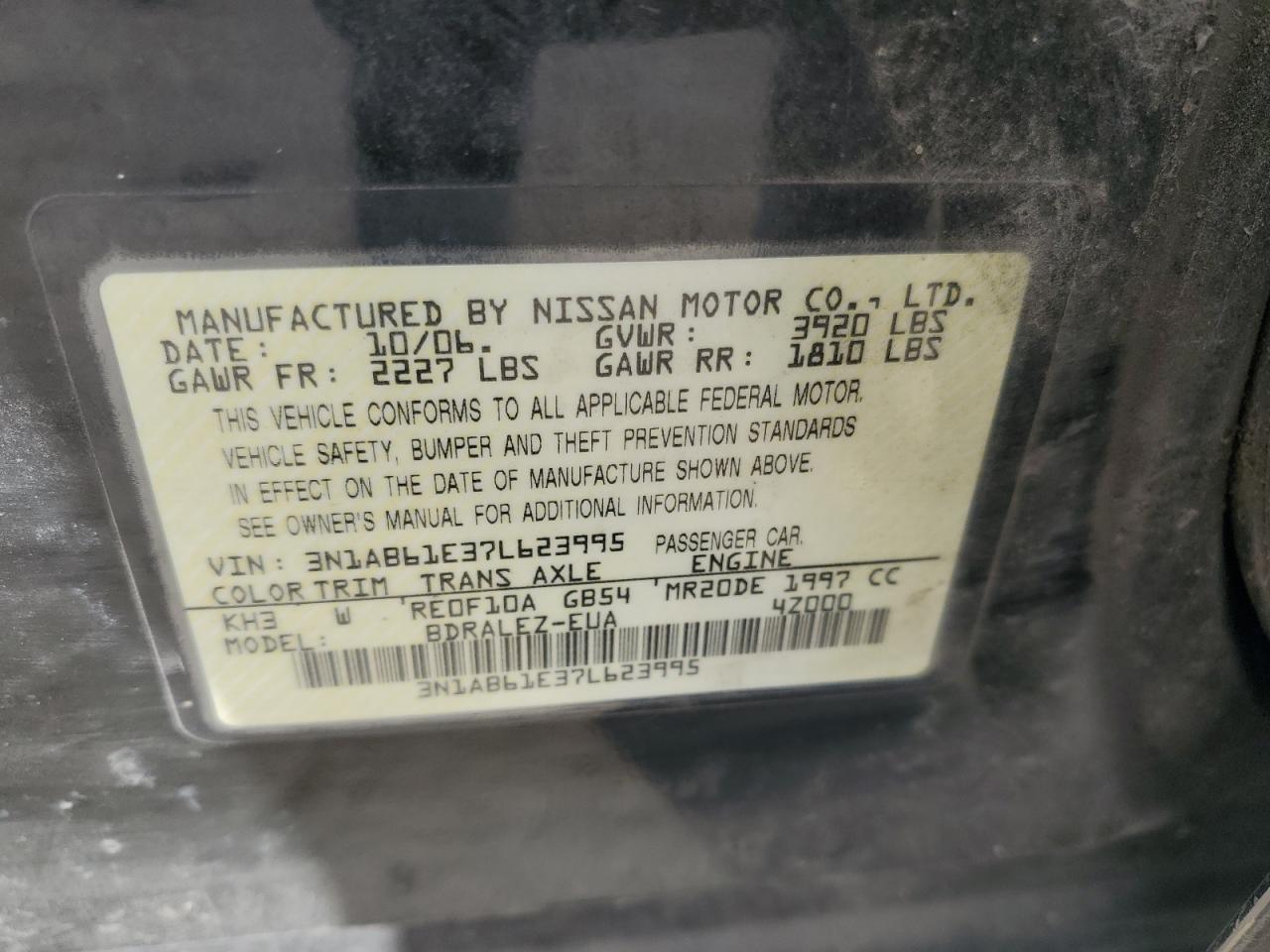 2007 Nissan Sentra 2.0 VIN: 3N1AB61E37L623995 Lot: 81221805