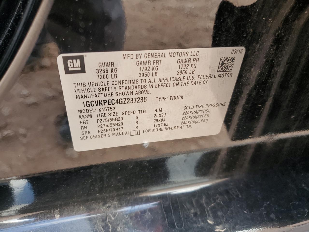 2016 Chevrolet Silverado K1500 Custom VIN: 1GCVKPEC4GZ237236 Lot: 81784615