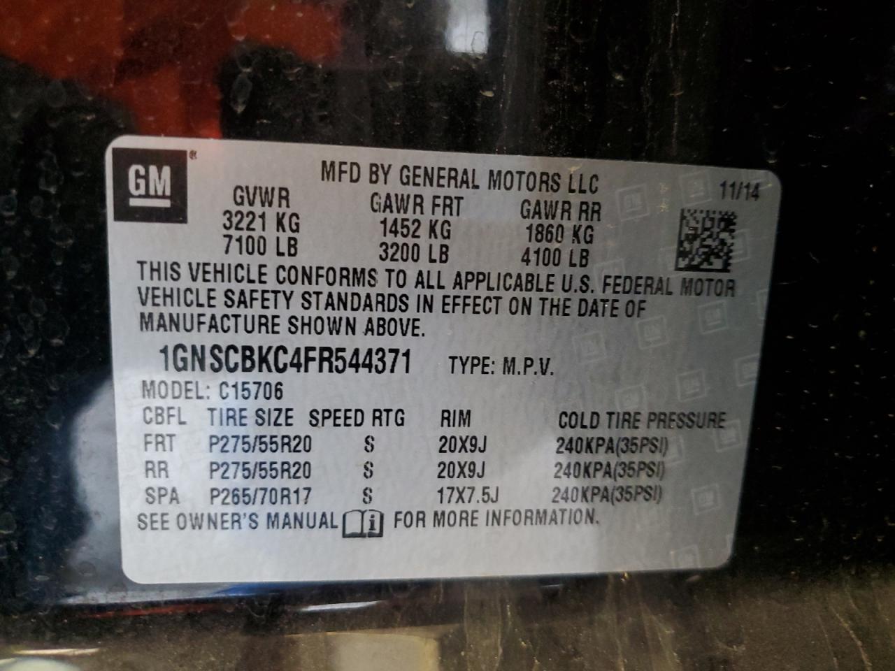 2015 Chevrolet Tahoe C1500 Lt VIN: 1GNSCBKC4FR544371 Lot: 84403575