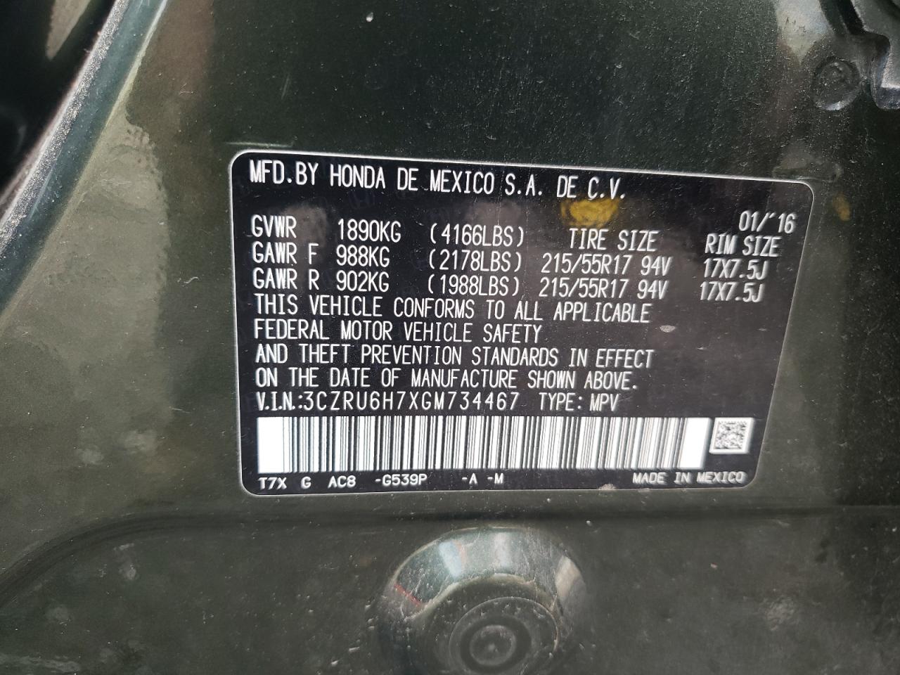 2016 Honda Hr-V Exl VIN: 3CZRU6H7XGM734467 Lot: 83844875