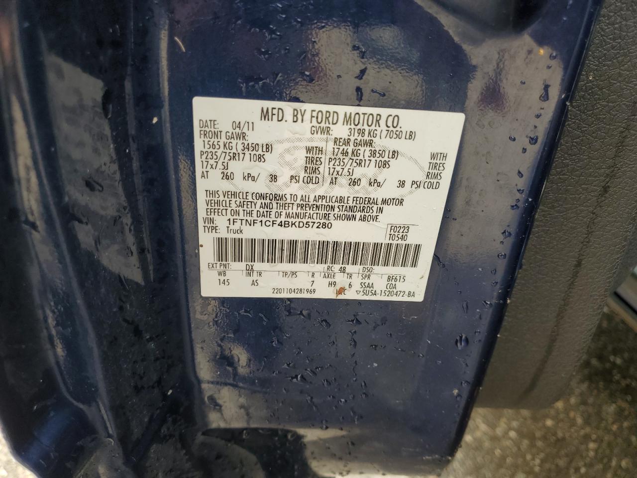 2011 Ford F150 VIN: 1FTNF1CF4BKD57280 Lot: 80250875