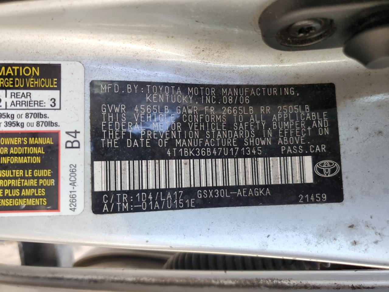 2007 Toyota Avalon Xl VIN: 4T1BK36B47U171345 Lot: 81113745