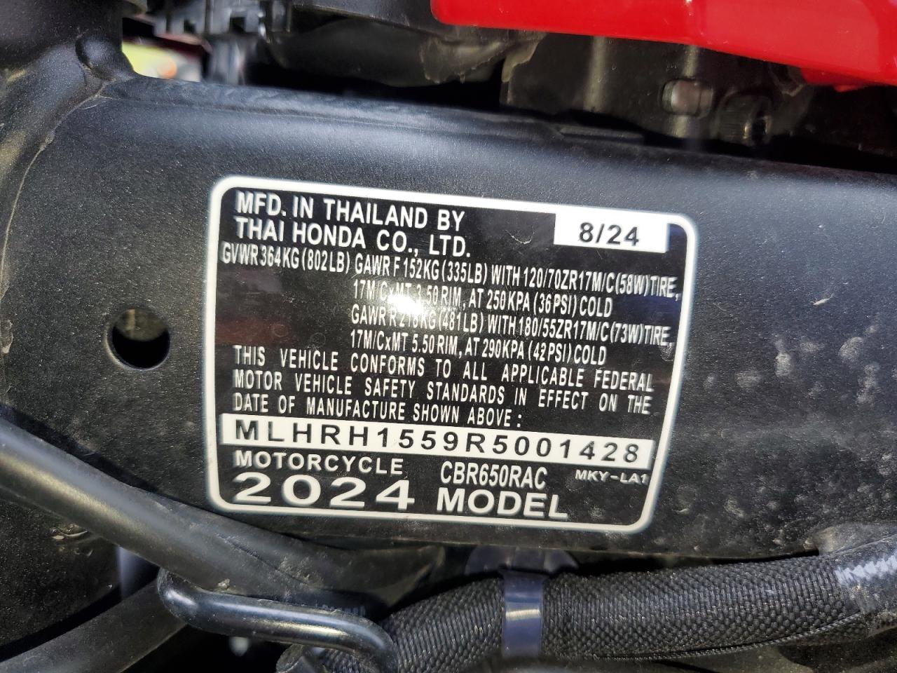 2024 Honda Cbr650 R VIN: MLHRH1559R5001428 Lot: 71706715