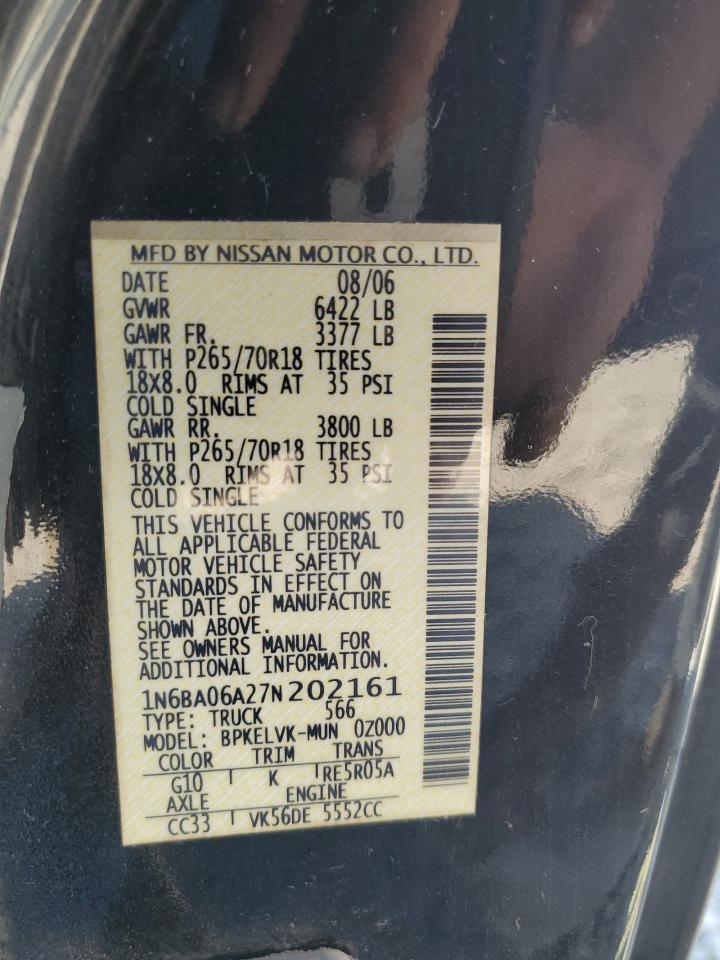 2007 Nissan Titan Xe VIN: 1N6BA06A27N202161 Lot: 71399995