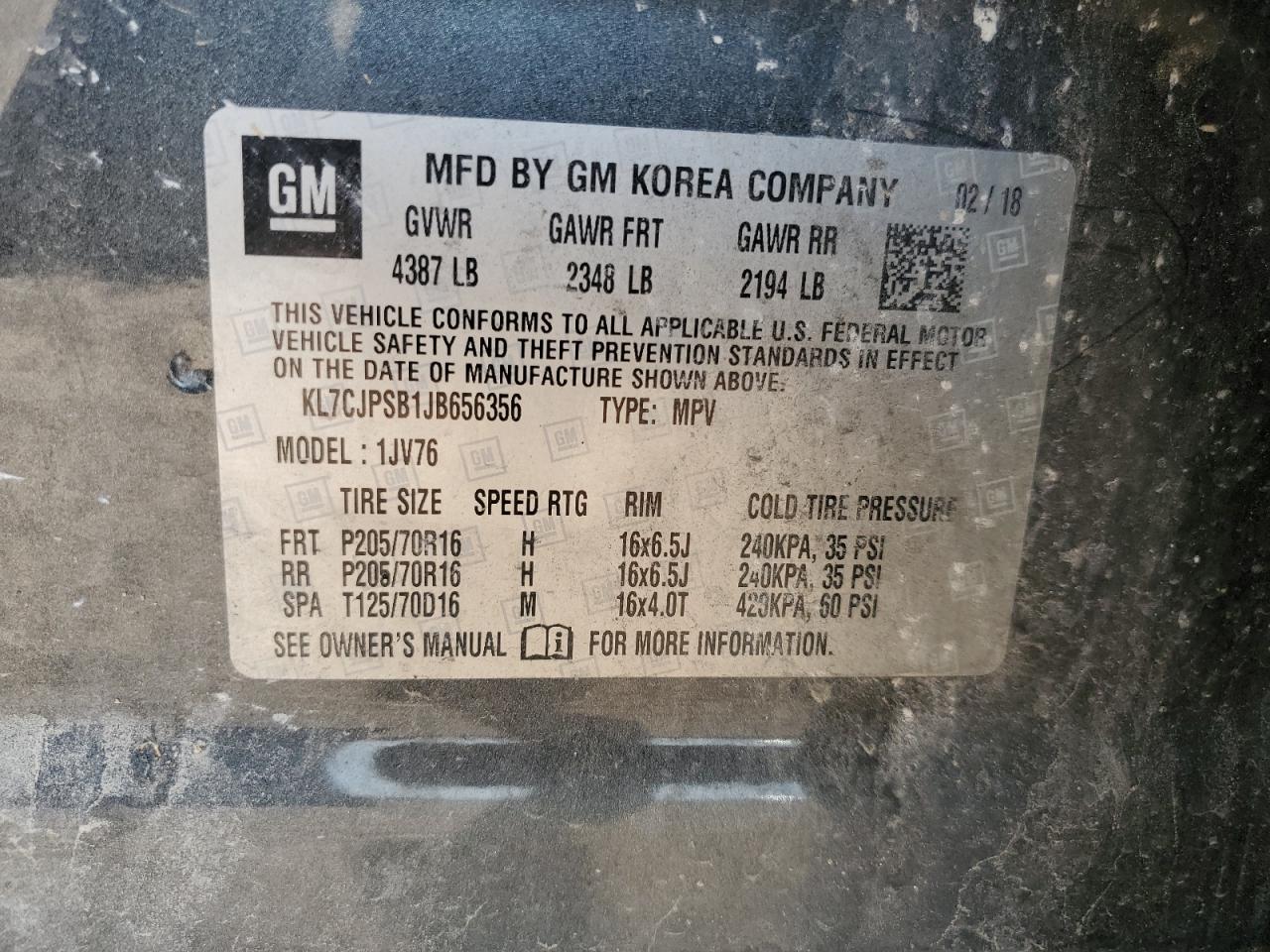 2018 Chevrolet Trax 1Lt VIN: KL7CJPSB1JB656356 Lot: 71821535