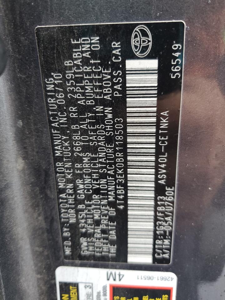 2011 Toyota Camry Base VIN: 4T4BF3EK0BR118503 Lot: 81698755