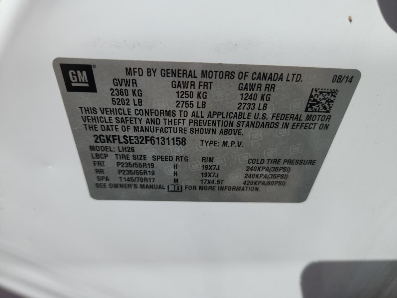 2015 GMC Terrain Slt VIN: 2GKFLSE32F6131158 Lot: 71014305