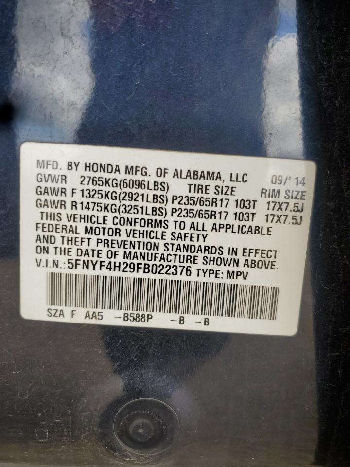 2015 Honda Pilot Lx VIN: 5FNYF4H29FB022376 Lot: 70221865