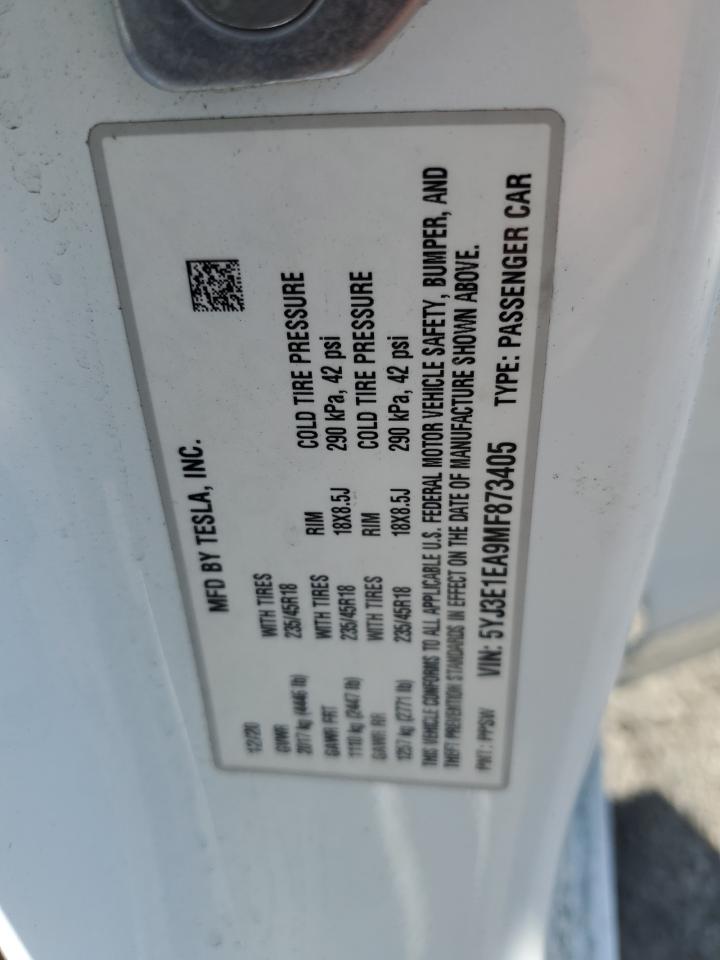 2021 Tesla Model 3 VIN: 5YJ3E1EA9MF873405 Lot: 71569445