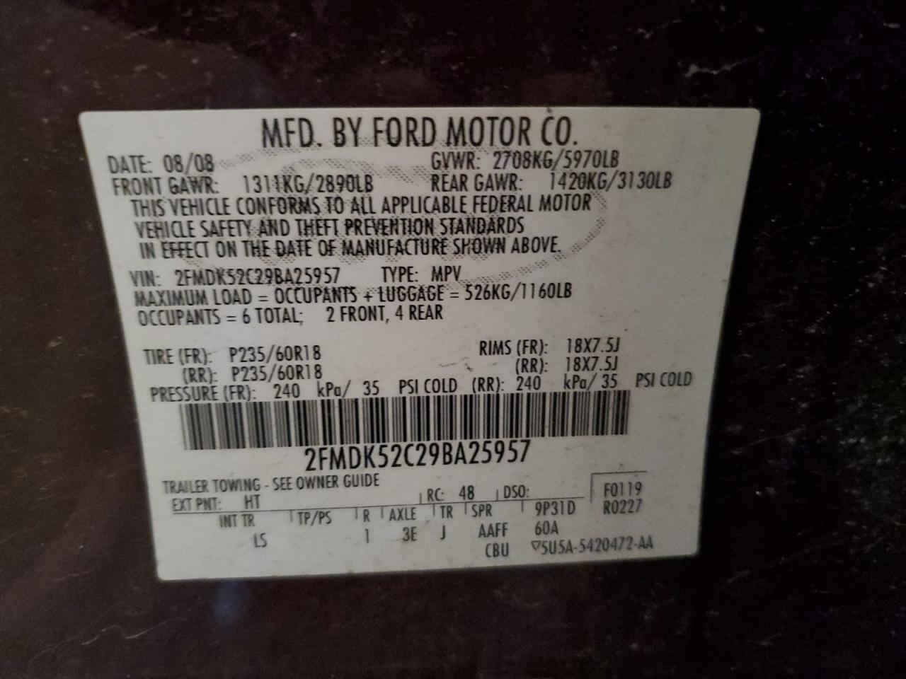 2009 Ford Flex Sel VIN: 2FMDK52C29BA25957 Lot: 70126475