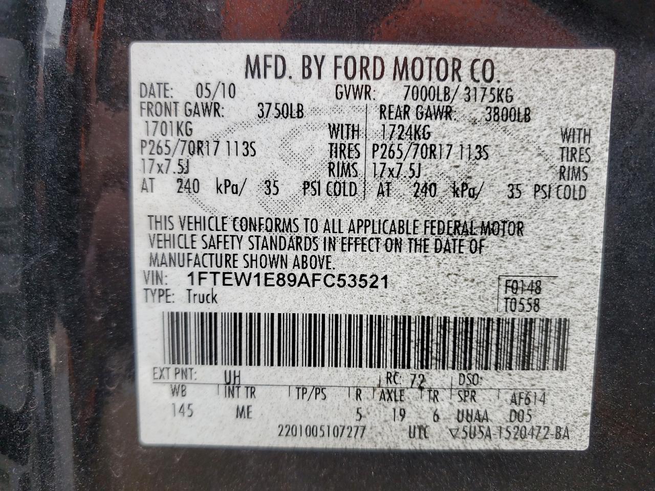 2010 Ford F150 Supercrew VIN: 1FTEW1E89AFC53521 Lot: 80099605