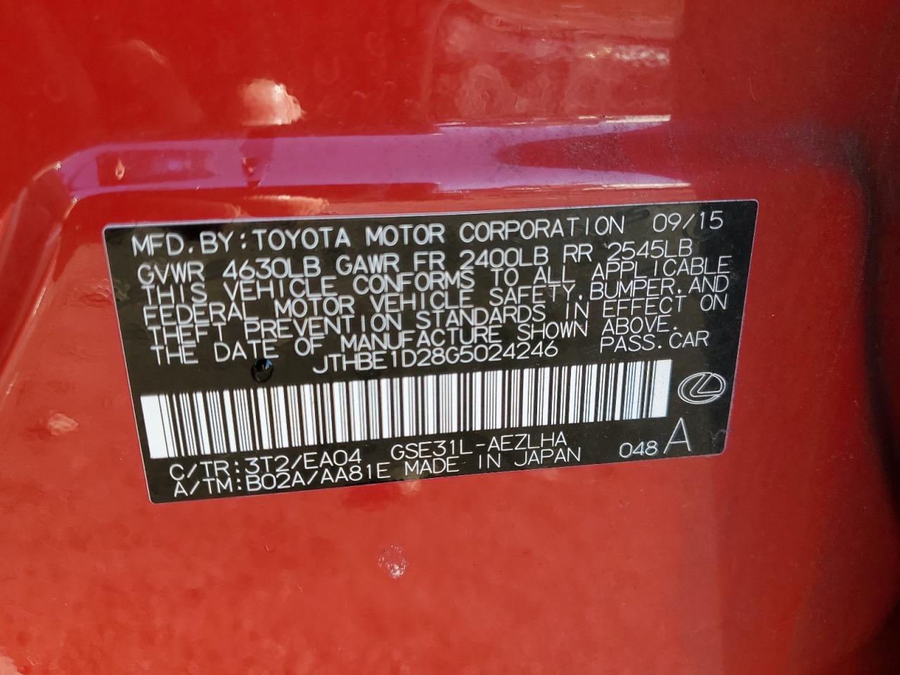 2016 Lexus Is 350 VIN: JTHBE1D28G5024246 Lot: 80022545