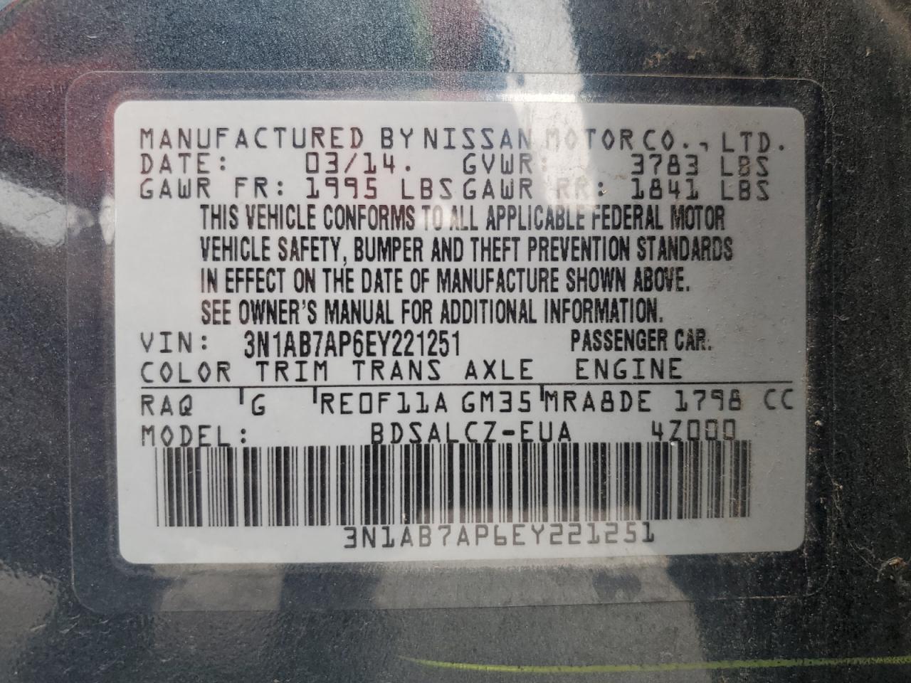 2014 Nissan Sentra S VIN: 3N1AB7AP6EY221251 Lot: 71645475