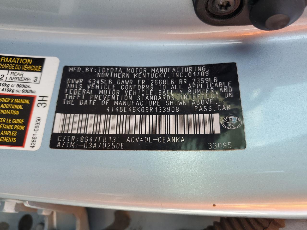 2009 Toyota Camry Base VIN: 4T4BE46K09R133908 Lot: 84768645