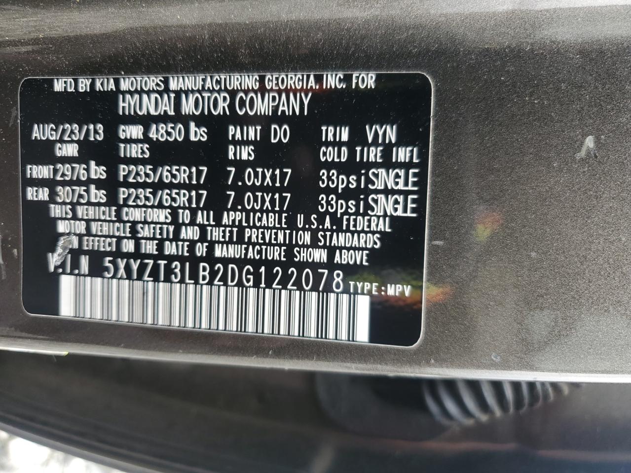 2013 Hyundai Santa Fe Sport VIN: 5XYZT3LB2DG122078 Lot: 84224095