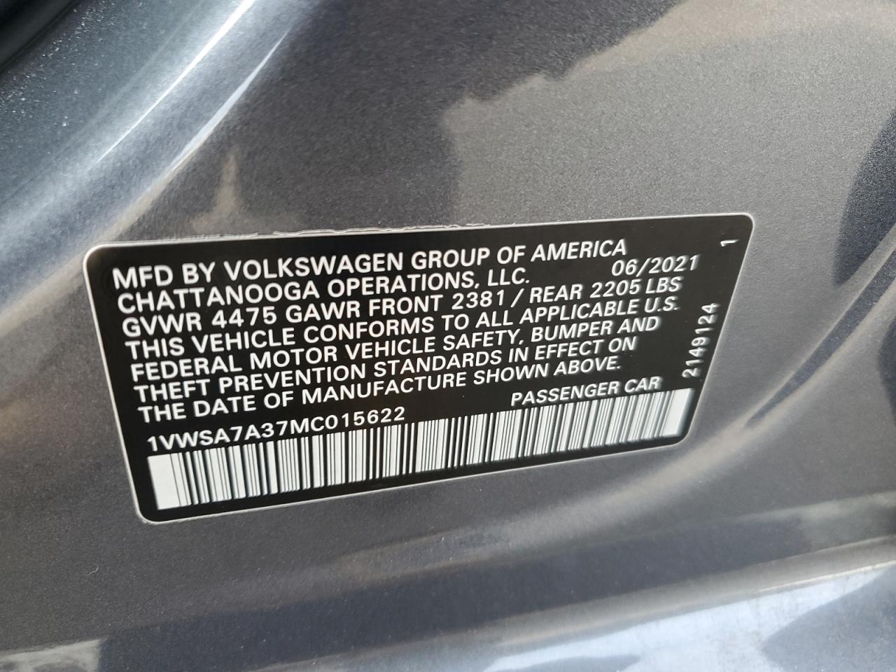 2021 Volkswagen Passat Se VIN: 1VWSA7A37MC015622 Lot: 81703735