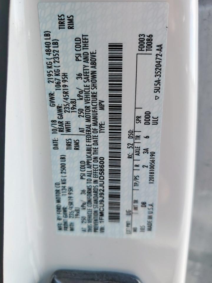 2018 Ford Escape Titanium VIN: 1FMCU9J92JUD58600 Lot: 81193265