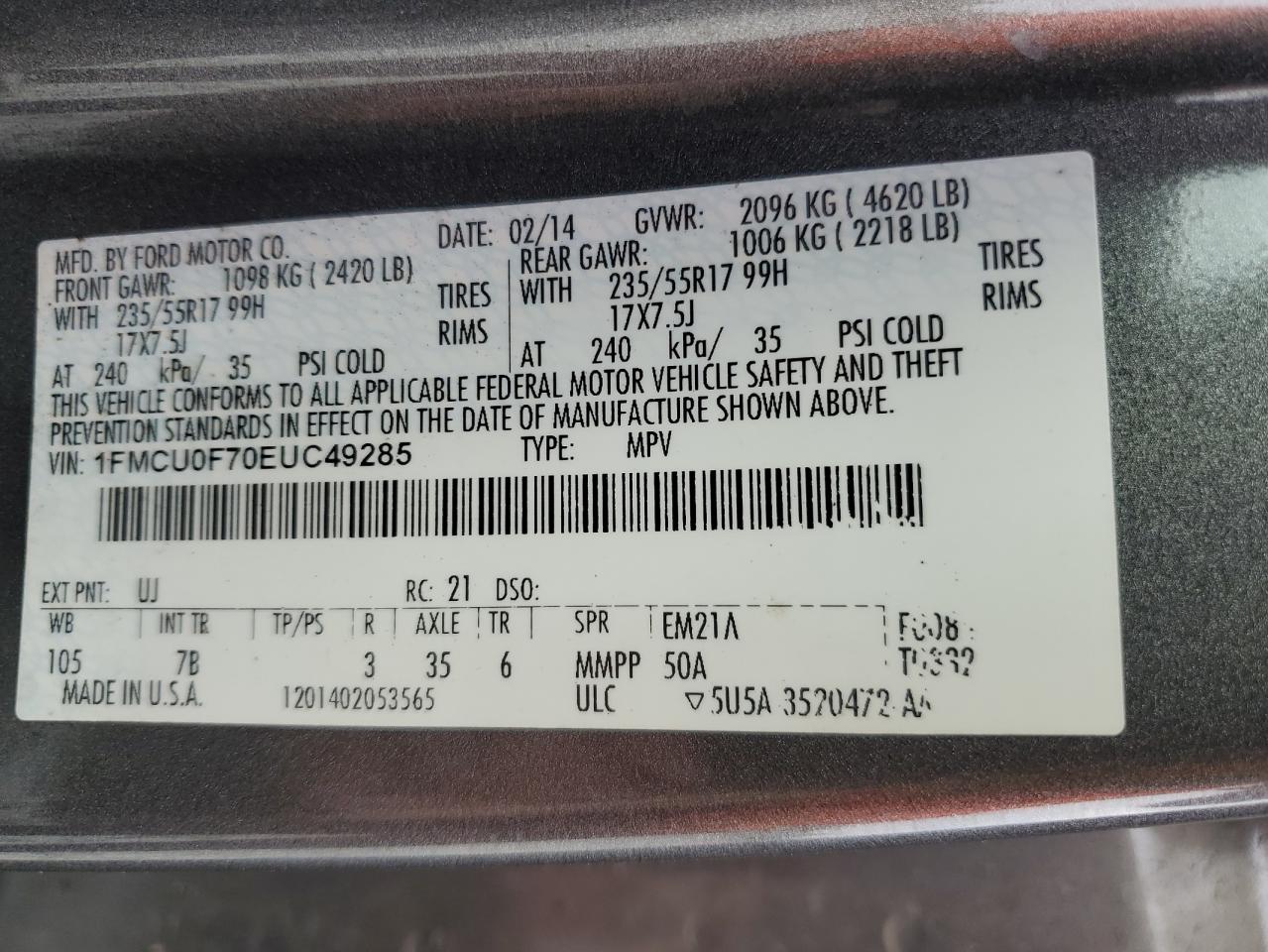 2014 Ford Escape S VIN: 1FMCU0F70EUC49285 Lot: 81839975