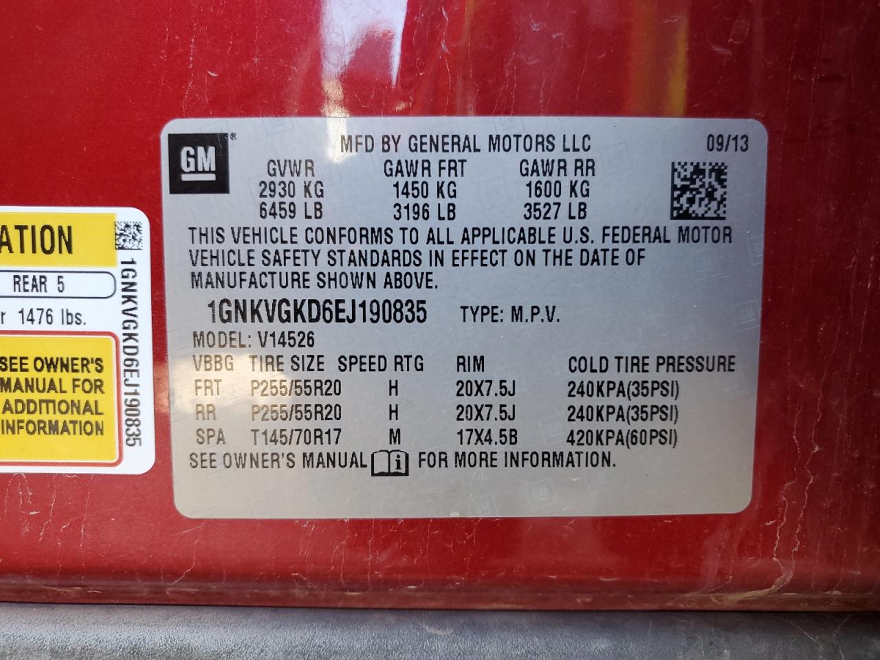 2014 Chevrolet Traverse Lt VIN: 1GNKVGKD6EJ190835 Lot: 80919115