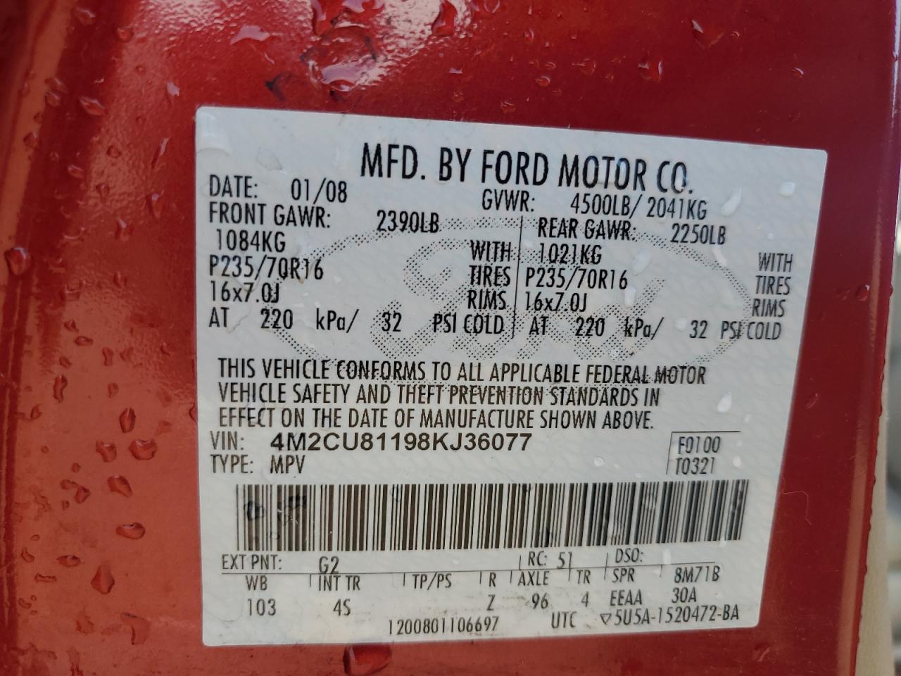 2008 Mercury Mariner VIN: 4M2CU81198KJ36077 Lot: 84367135