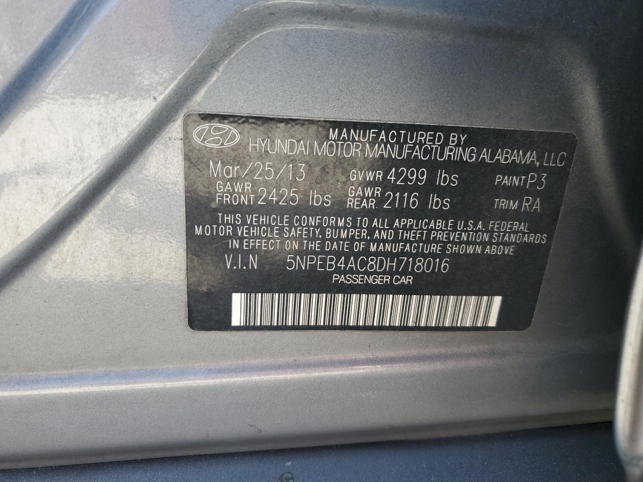 2013 Hyundai Sonata Gls VIN: 5NPEB4AC8DH718016 Lot: 80844945