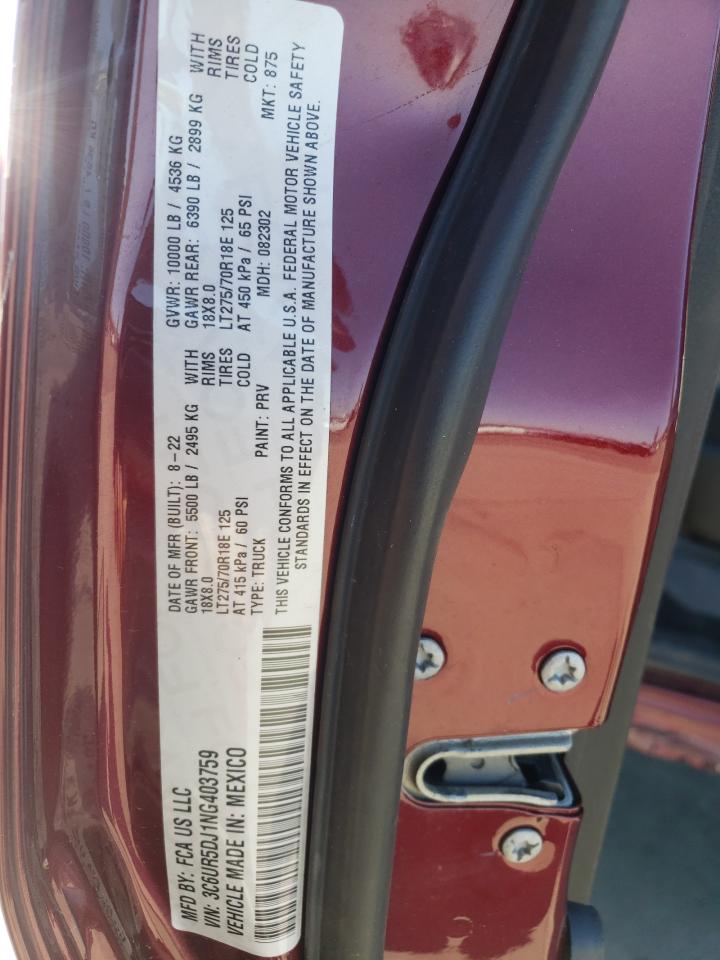 2022 Ram 2500 Big Horn/Lone Star VIN: 3C6UR5DJ1NG403759 Lot: 80477045