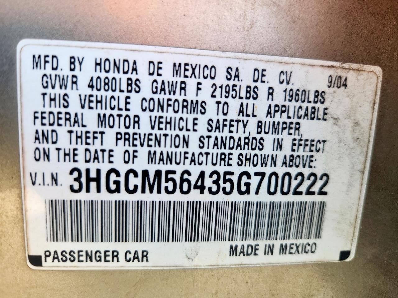 2005 Honda Accord Lx VIN: 3HGCM56435G700222 Lot: 84599055