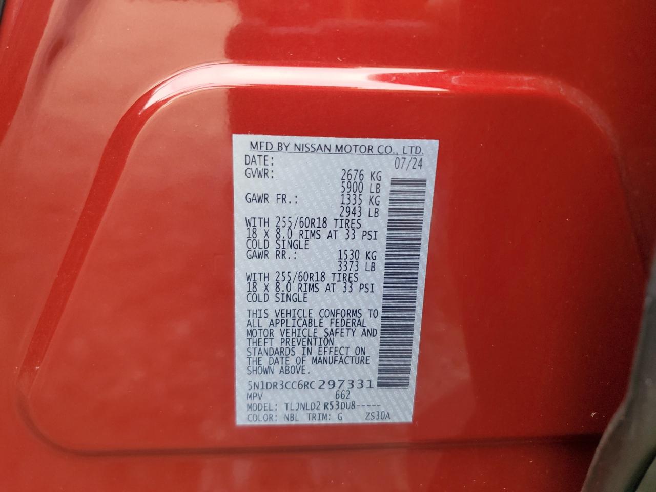 2024 Nissan Pathfinder Sl VIN: 5N1DR3CC6RC297331 Lot: 71984035