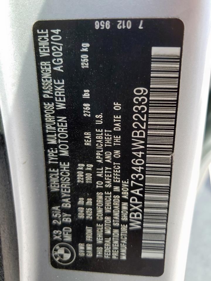 2004 BMW X3 2.5I VIN: WBXPA73464WB22339 Lot: 80909835