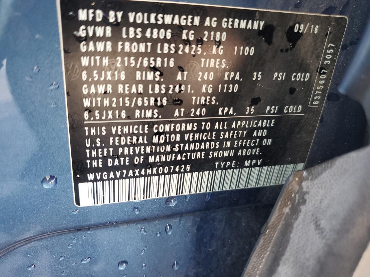 2017 Volkswagen Tiguan S VIN: WVGAV7AX4HK007426 Lot: 80451345