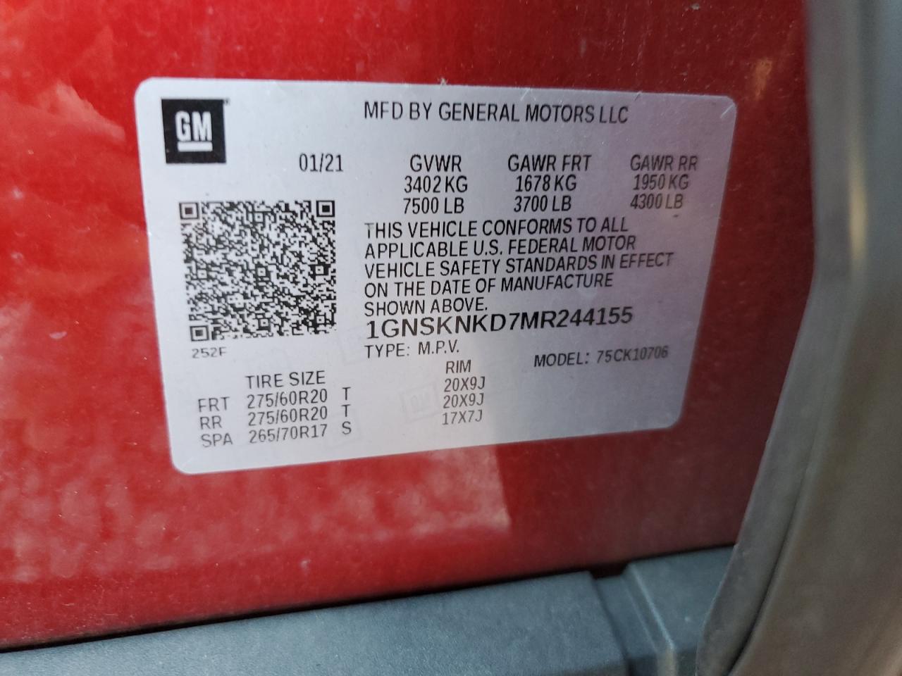 2021 Chevrolet Tahoe K1500 Lt VIN: 1GNSKNKD7MR244155 Lot: 84193335