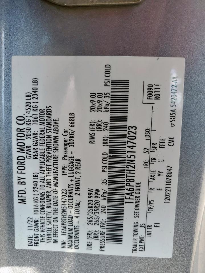 2022 Ford Mustang VIN: 1FA6P8TH2N5147023 Lot: 80747265