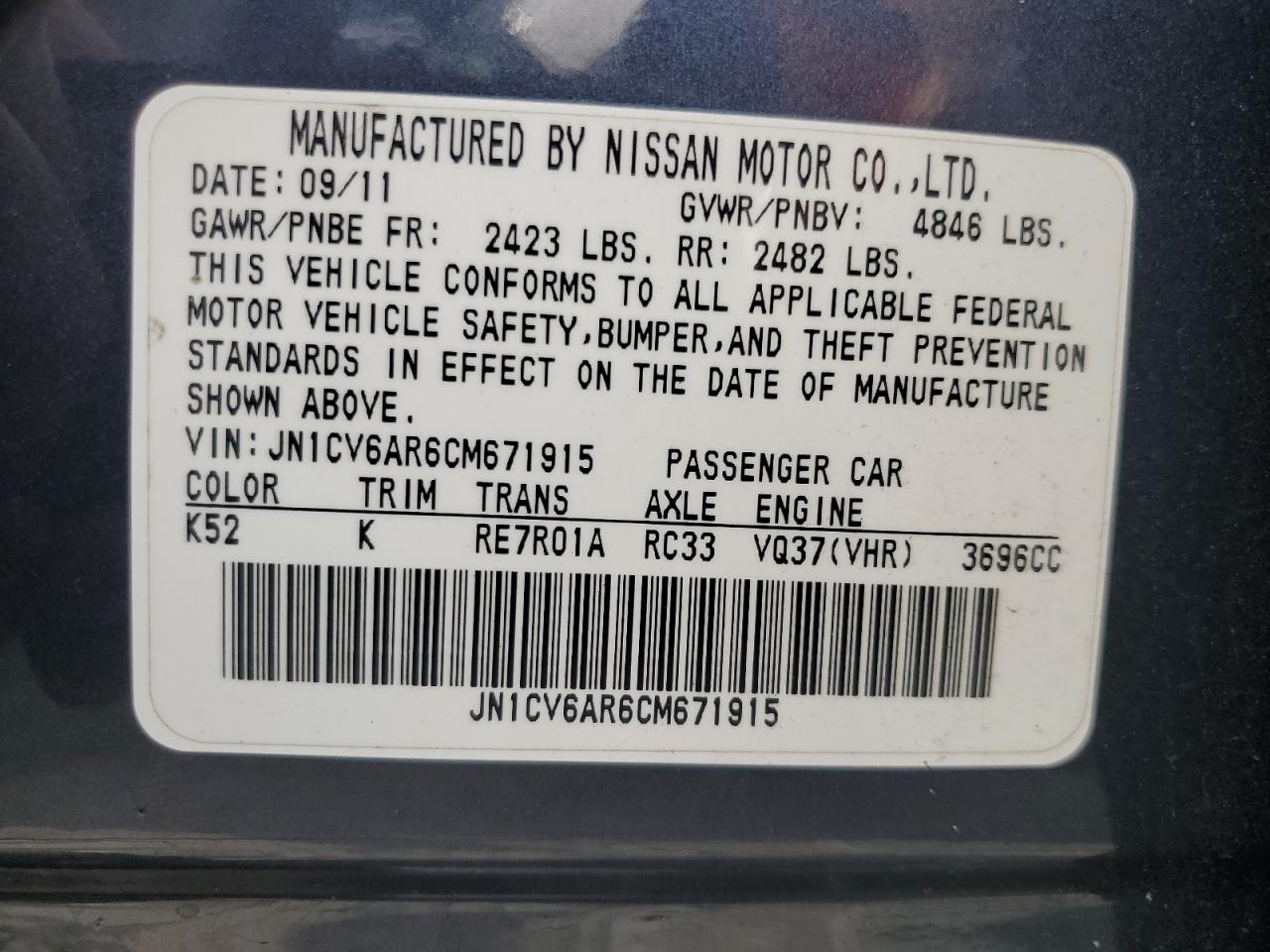 2012 Infiniti G37 VIN: JN1CV6AR6CM671915 Lot: 81551135