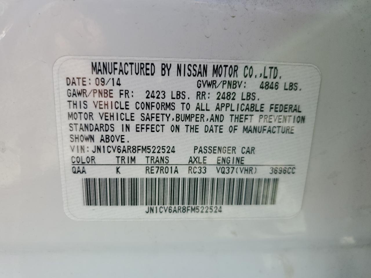 2015 Infiniti Q40 VIN: JN1CV6AR8FM522524 Lot: 84469985