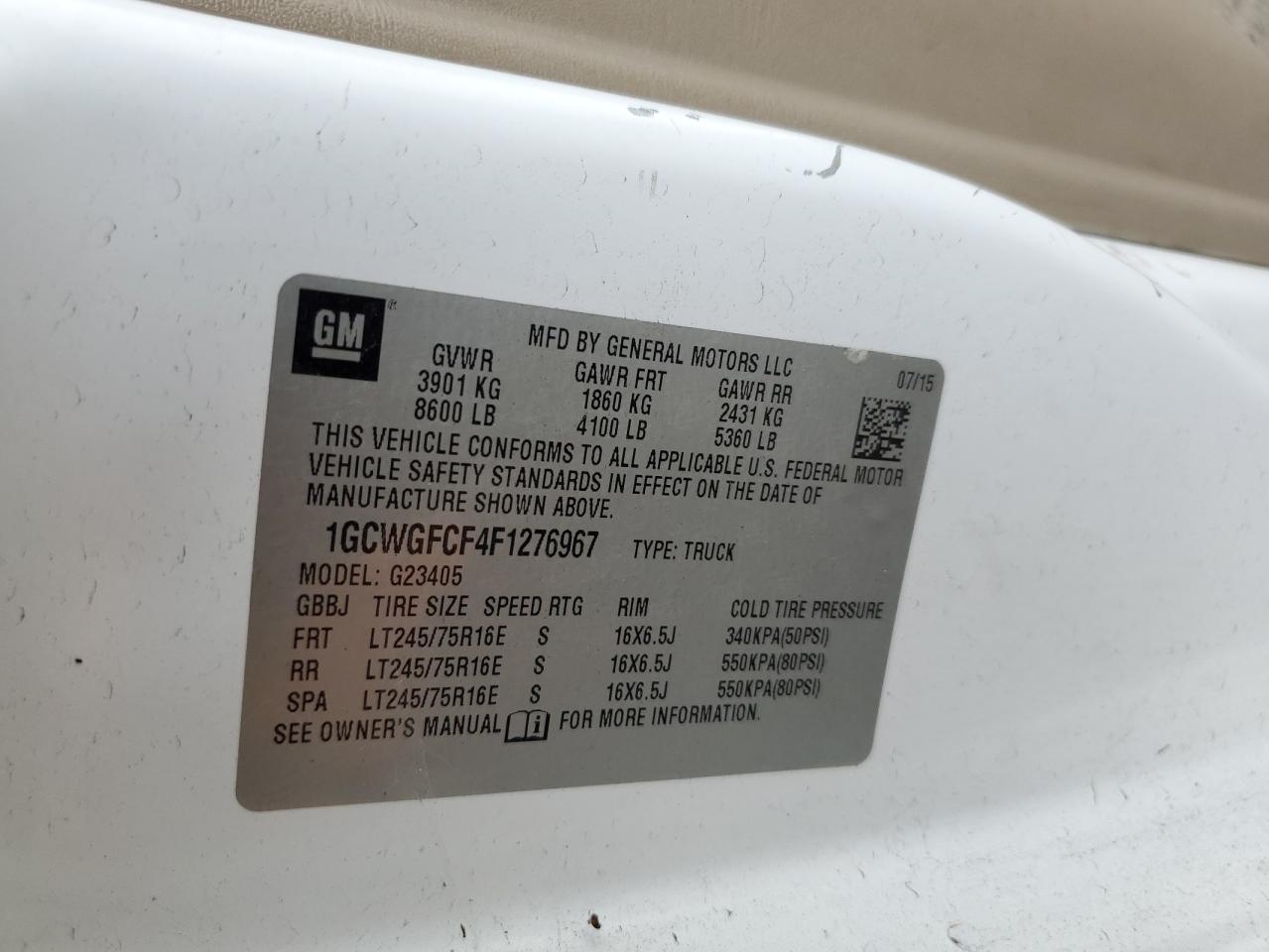 2015 Chevrolet Express G2500 VIN: 1GCWGFCF4F1276967 Lot: 81723735