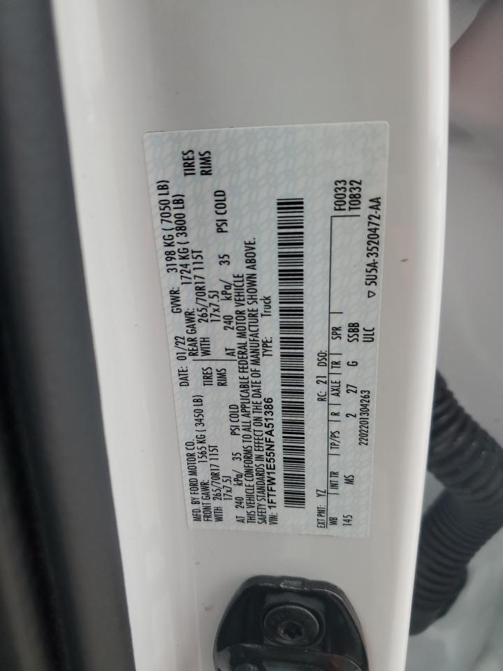 2022 Ford F150 Supercrew VIN: 1FTFW1E55NFA51386 Lot: 83987575