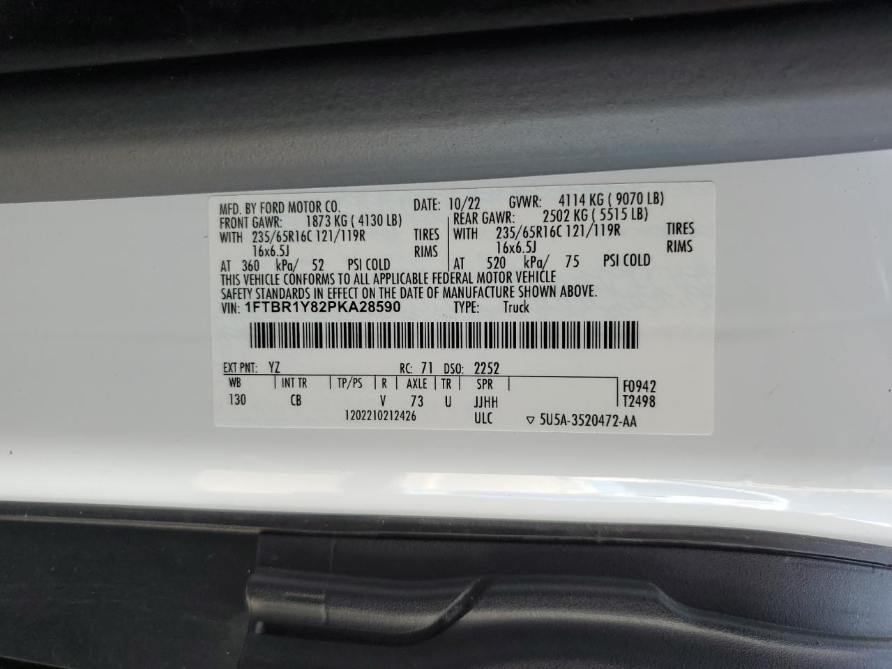 2023 Ford Transit T-250 VIN: 1FTBR1Y82PKA28590 Lot: 80371325