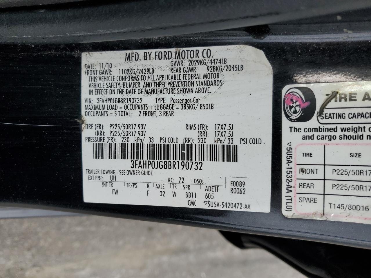 2011 Ford Fusion VIN: 3FAHP0JG8BR190732 Lot: 81425555