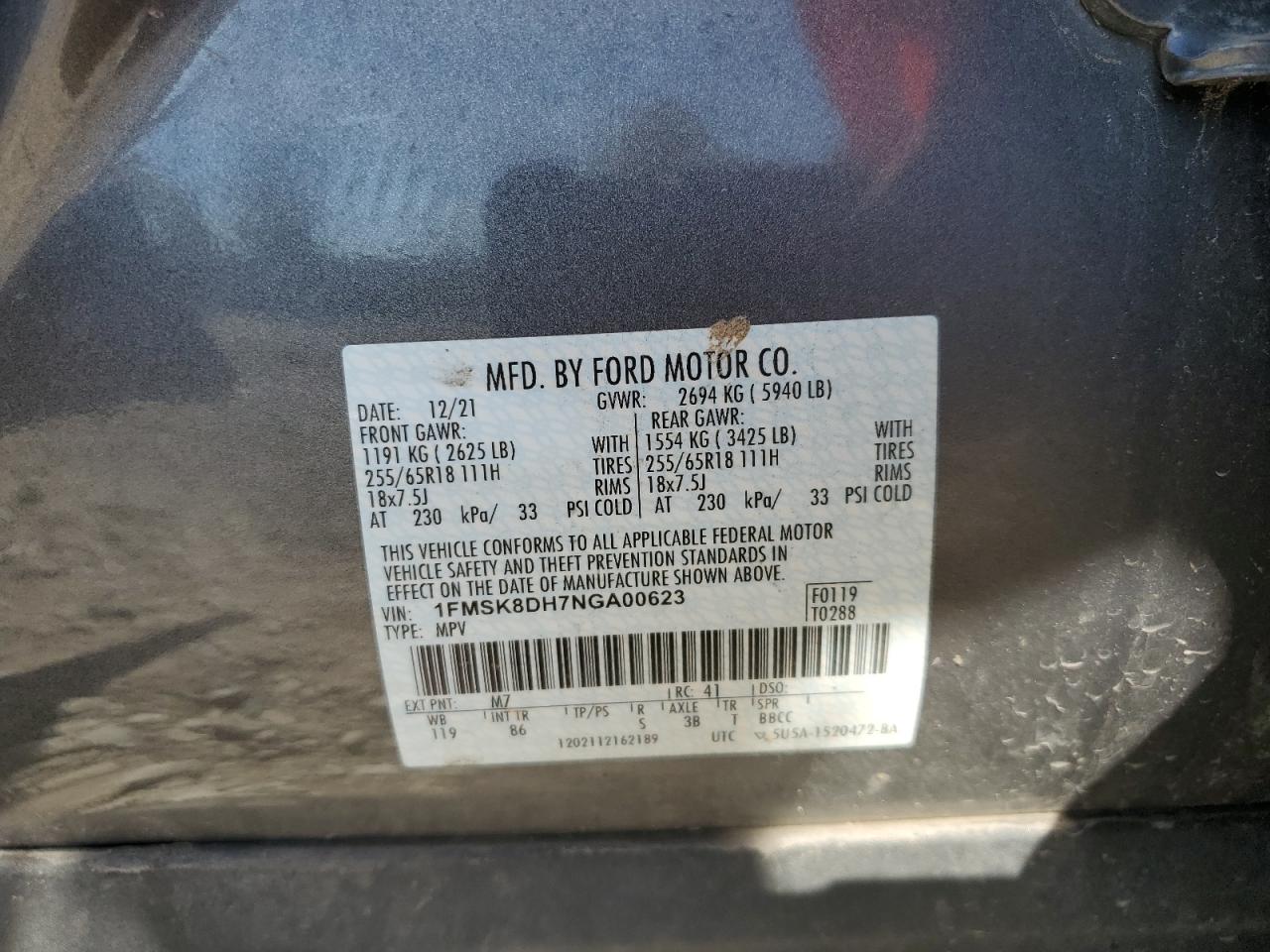 2022 Ford Explorer Xlt VIN: 1FMSK8DH7NGA00623 Lot: 81809975