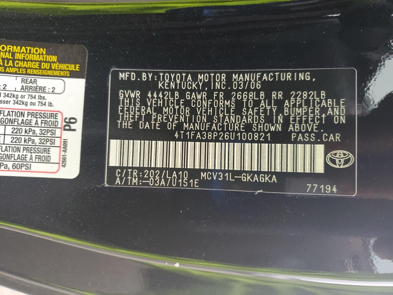 2006 Toyota Camry Solara Se VIN: 4T1FA38P26U100821 Lot: 82151525