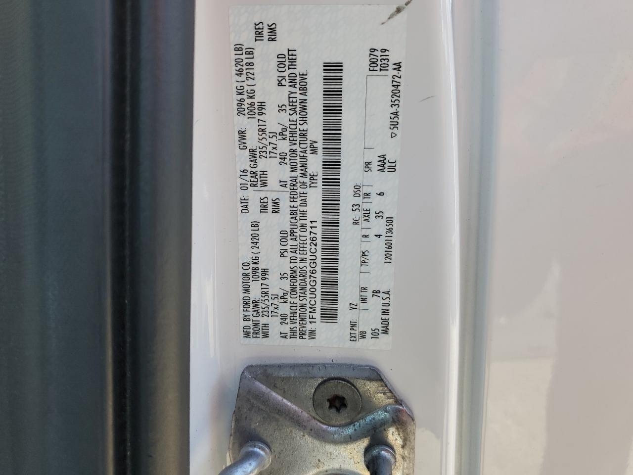 2016 Ford Escape Se VIN: 1FMCU0G76GUC26711 Lot: 84467045