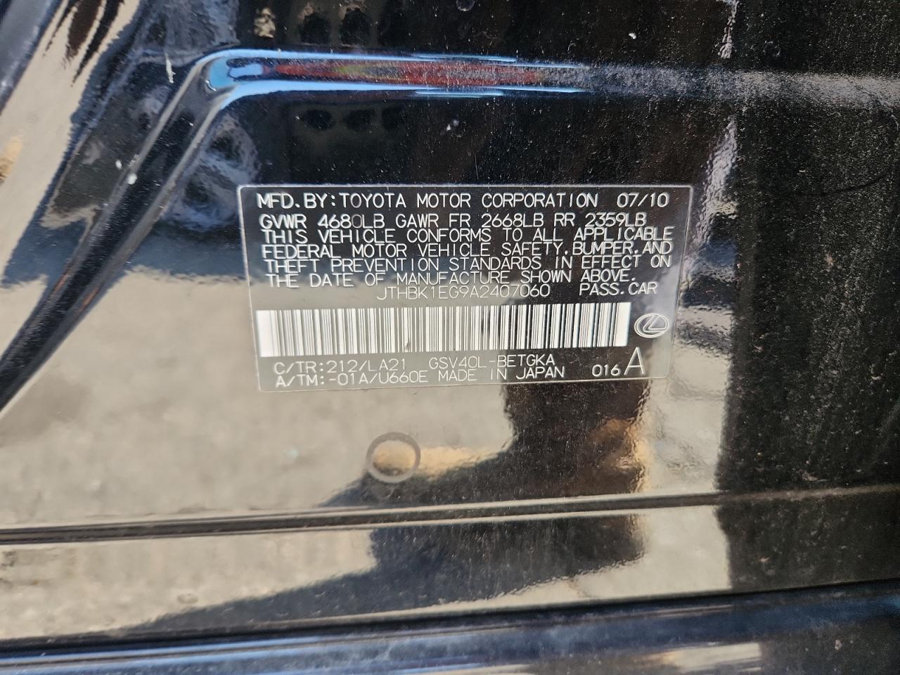 2010 Lexus Es 350 VIN: JTHBK1EG9A2407060 Lot: 80493455