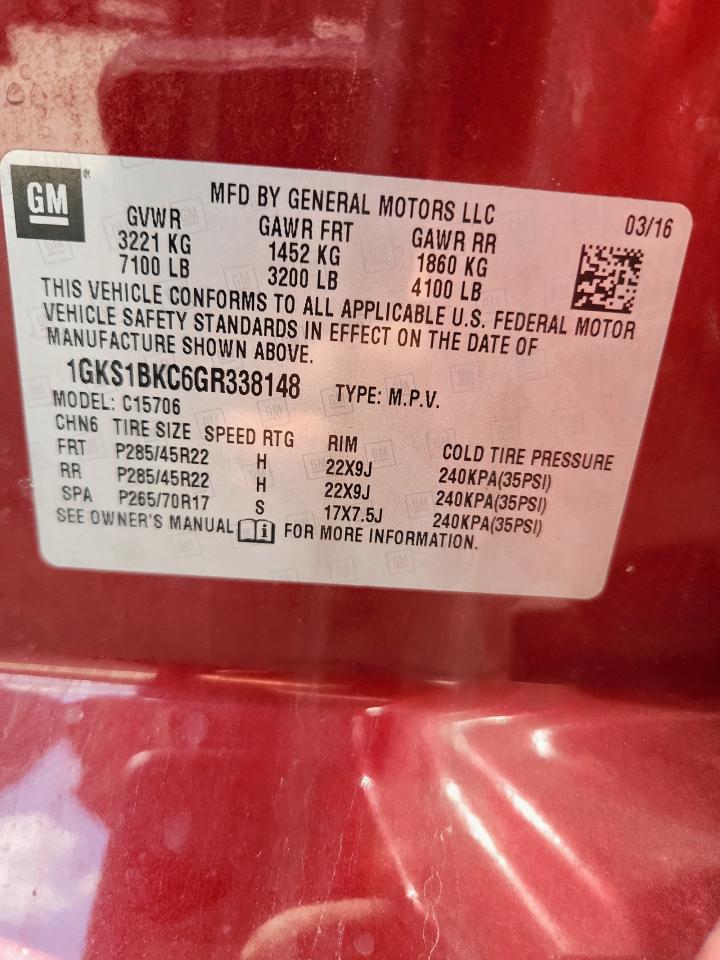 2016 GMC Yukon Slt VIN: 1GKS1BKC6GR338148 Lot: 84185725