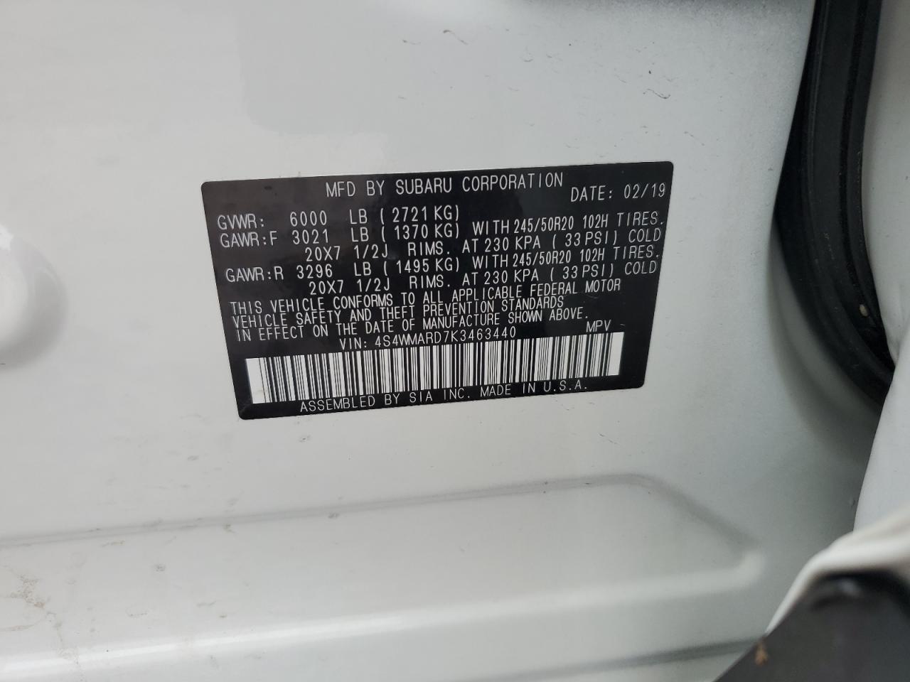 2019 Subaru Ascent Touring VIN: 4S4WMARD7K3463440 Lot: 81653685